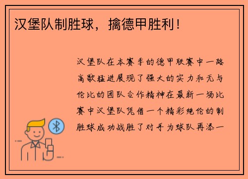 汉堡队制胜球，擒德甲胜利！