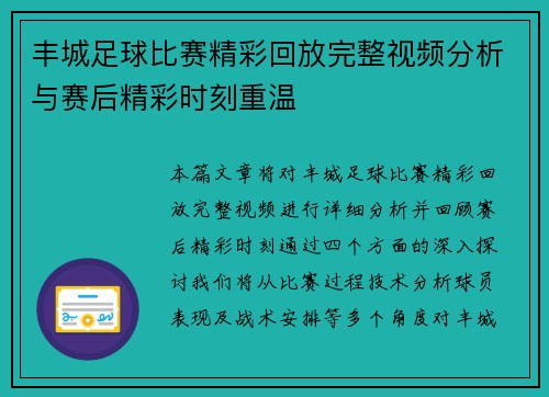 丰城足球比赛精彩回放完整视频分析与赛后精彩时刻重温